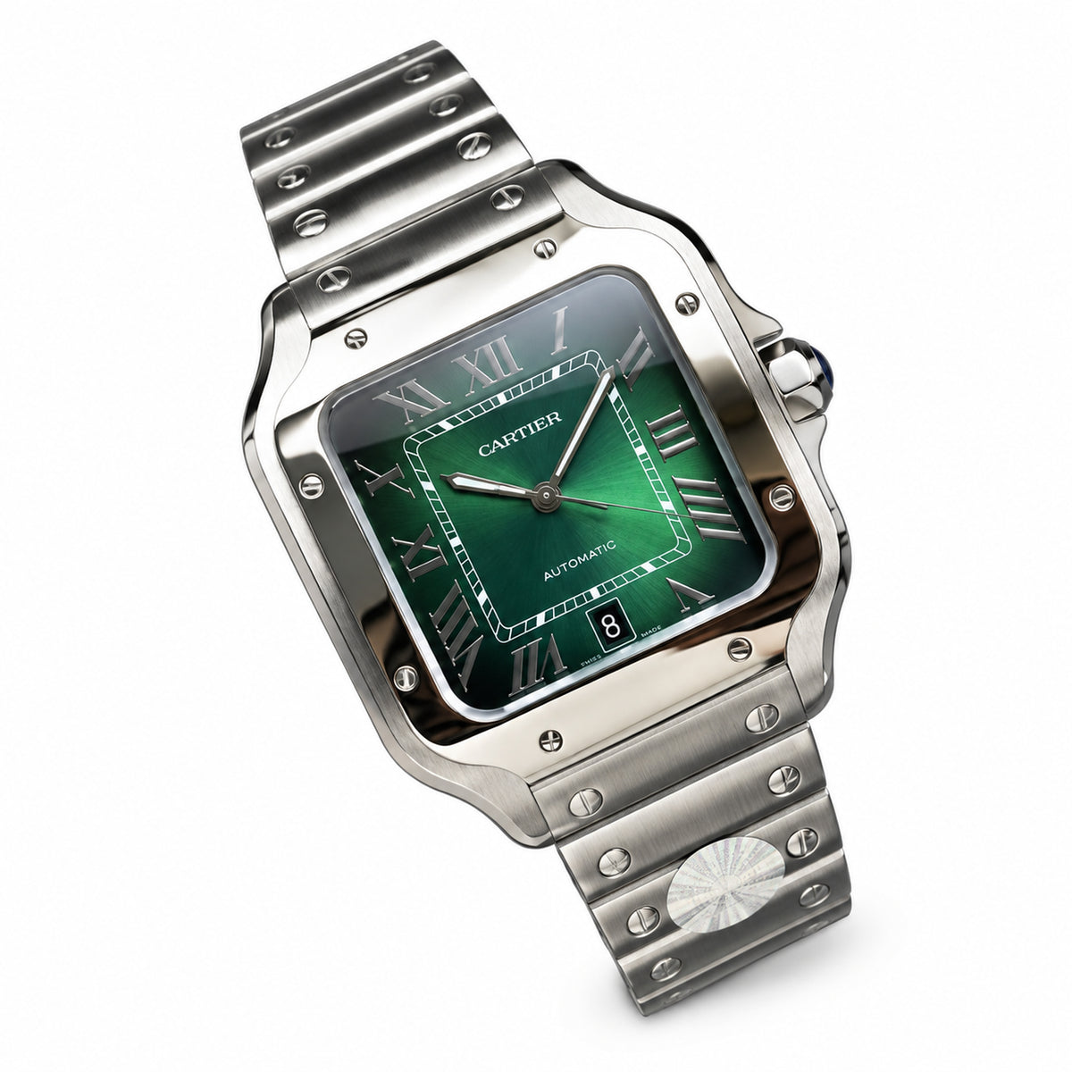 Cartier Santos Large — Steel, Green Dial, Roman Numerals, Date & Steel Bracelet, Automatic