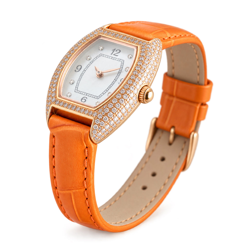 Cartier Tortue — Rose Gold Diamond Bezel & Orange Alligator Strap