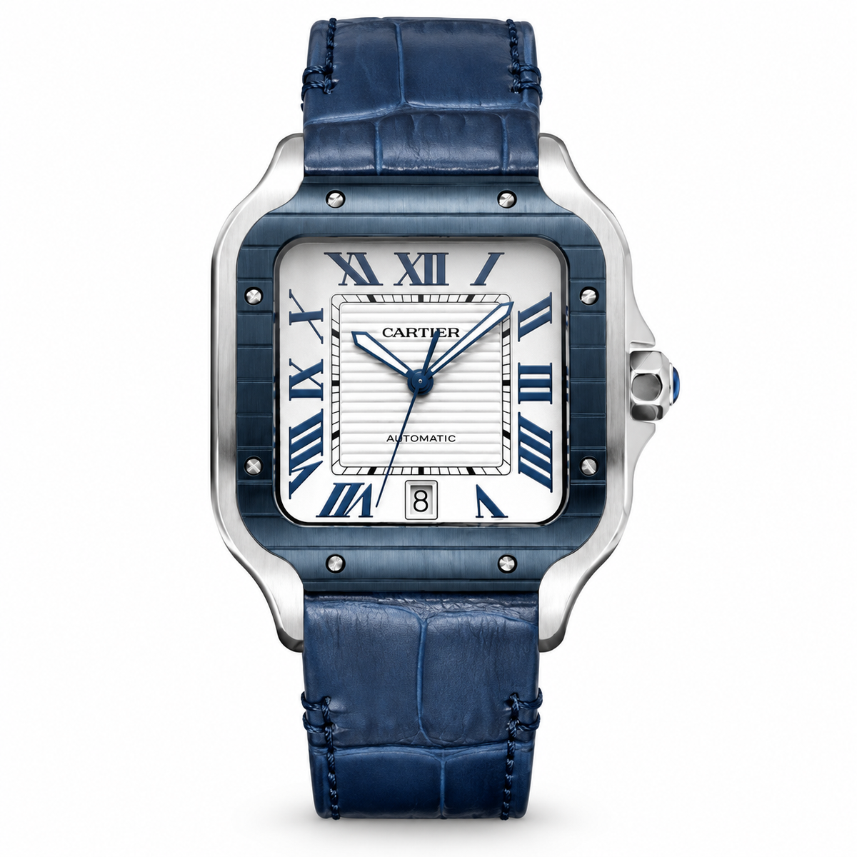 Cartier Santos de Cartier Automatic — Blue ADLC Bezel, Silver Dial & Blue Leather Strap