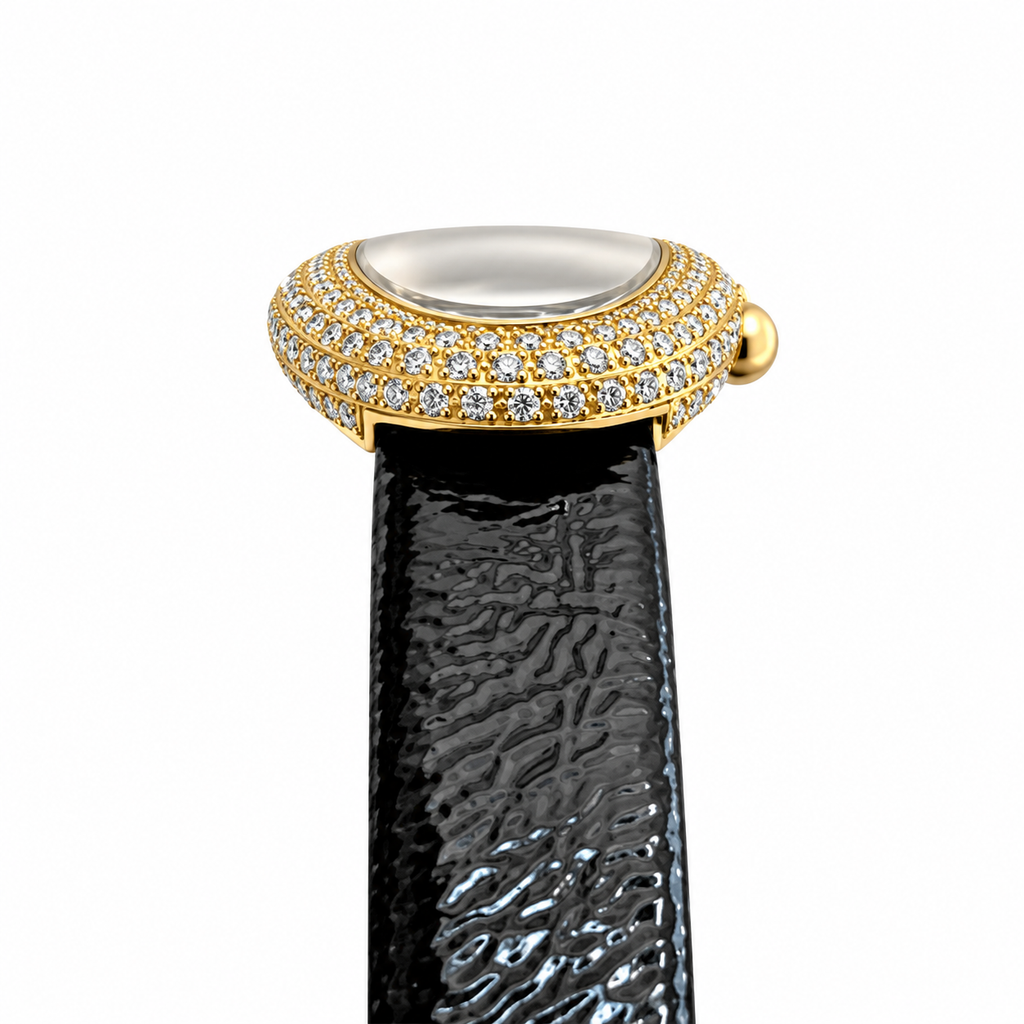 Cartier Baignoire Vintage Small — 18K Yellow Gold, Double Diamond Bezel, Cream Dial & Black Leather Strap, Women