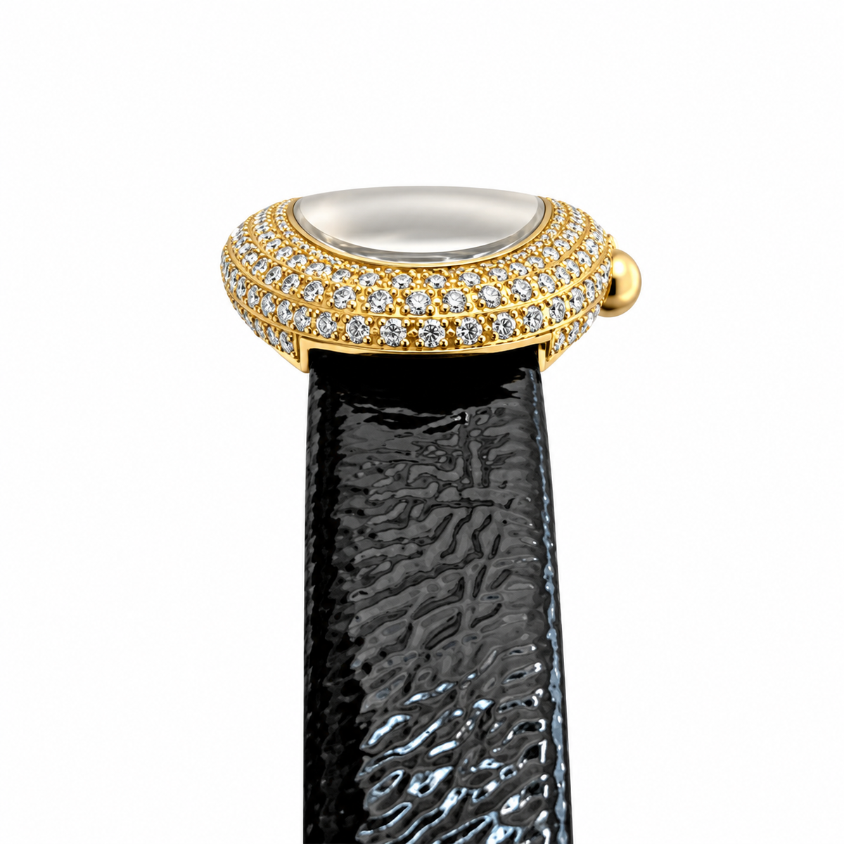 Cartier Baignoire Vintage Small — 18K Yellow Gold, Double Diamond Bezel, Cream Dial & Black Leather Strap, Women