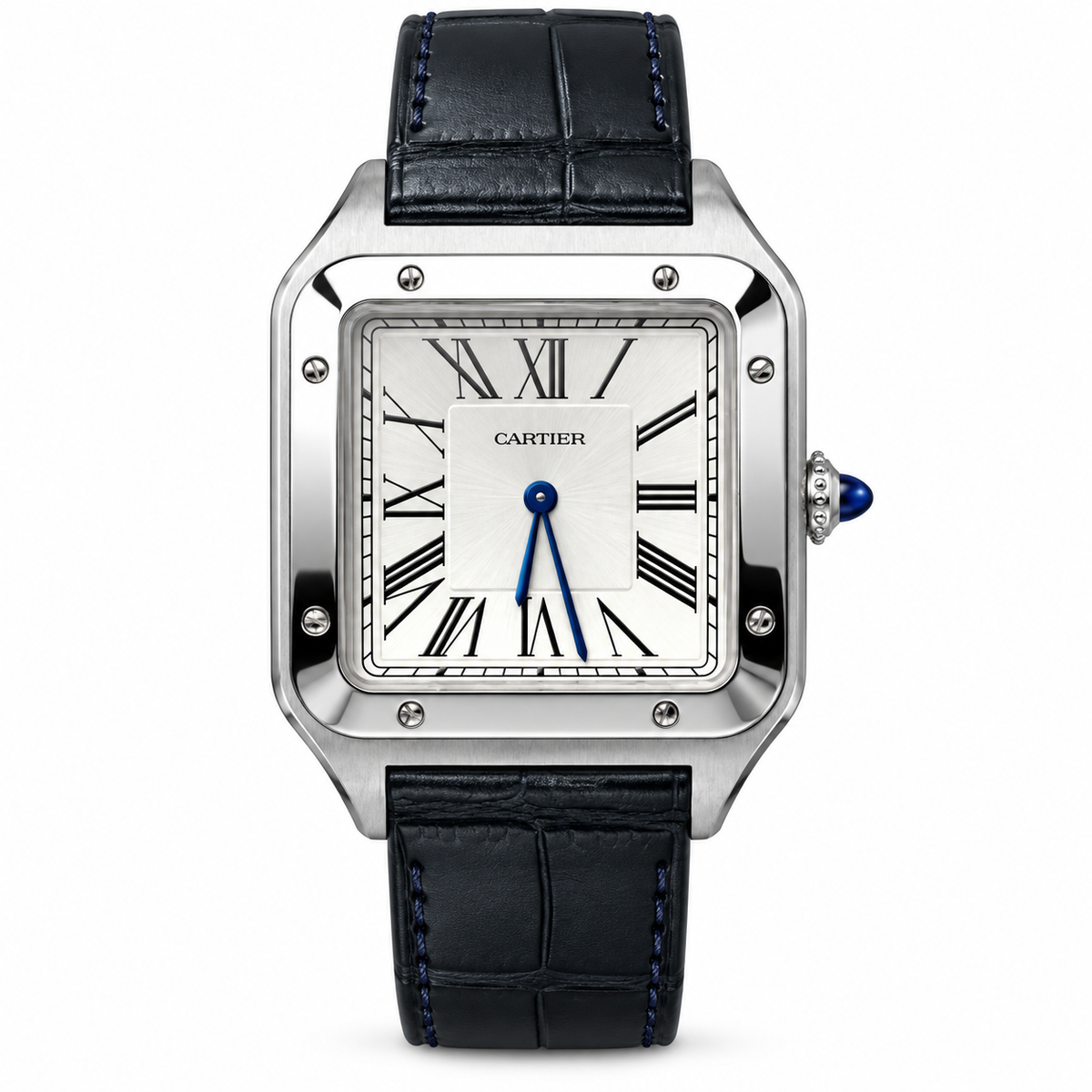 Cartier Santos-Dumont Large Steel Silver Dial Manual Navy Strap Watch – KDY