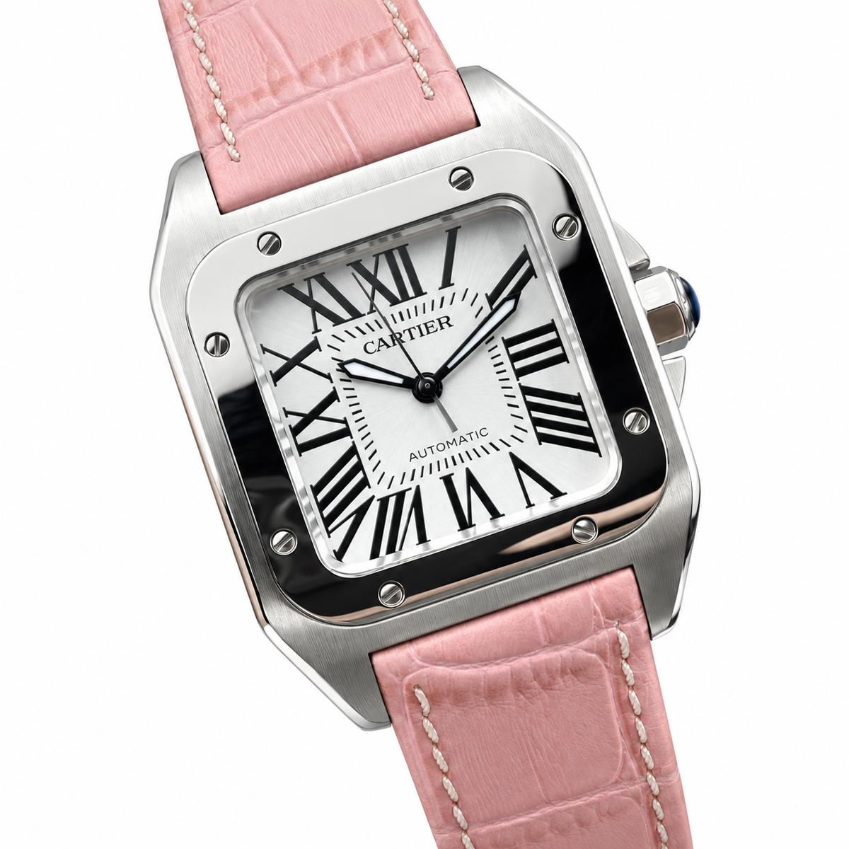 Cartier Santos 100 Automatic — White Dial & Pink Leather Strap