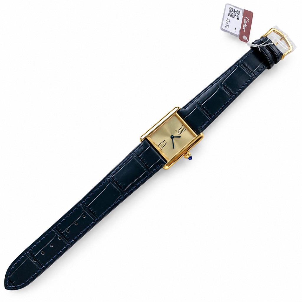 Cartier Tank Must Large Yellow Gold Champagne Dial Navy Strap Watch – KDY