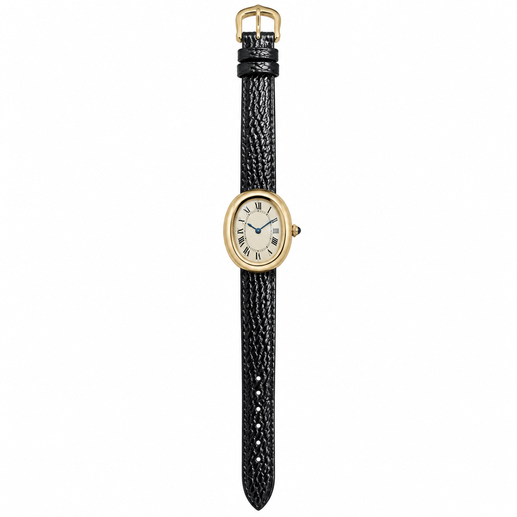 Cartier Baignoire Vintage — 18K Yellow Gold, Cream Dial, Roman Numerals & Black Leather Strap, Women