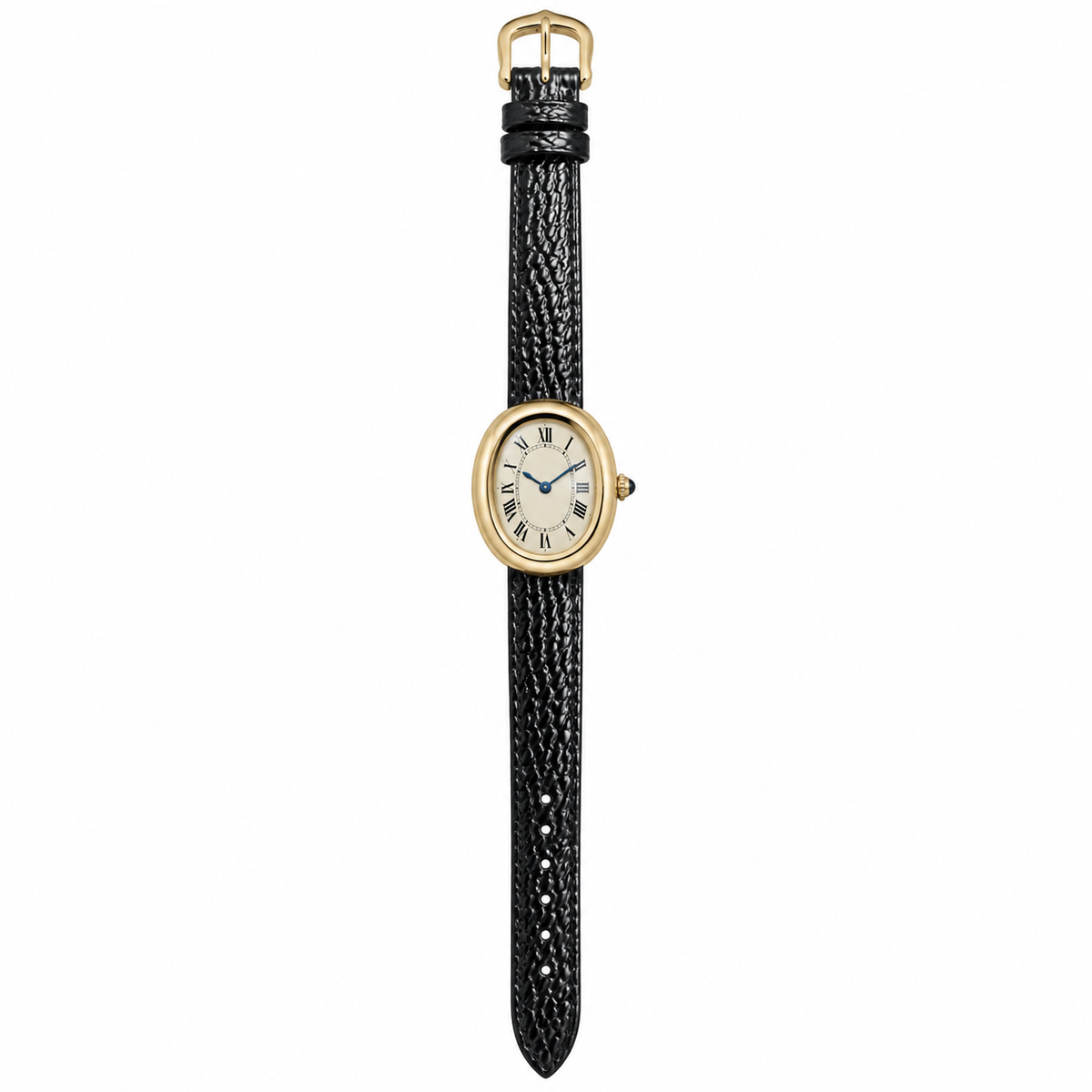 Cartier Baignoire Vintage — 18K Yellow Gold, Cream Dial, Roman Numerals & Black Leather Strap, Women