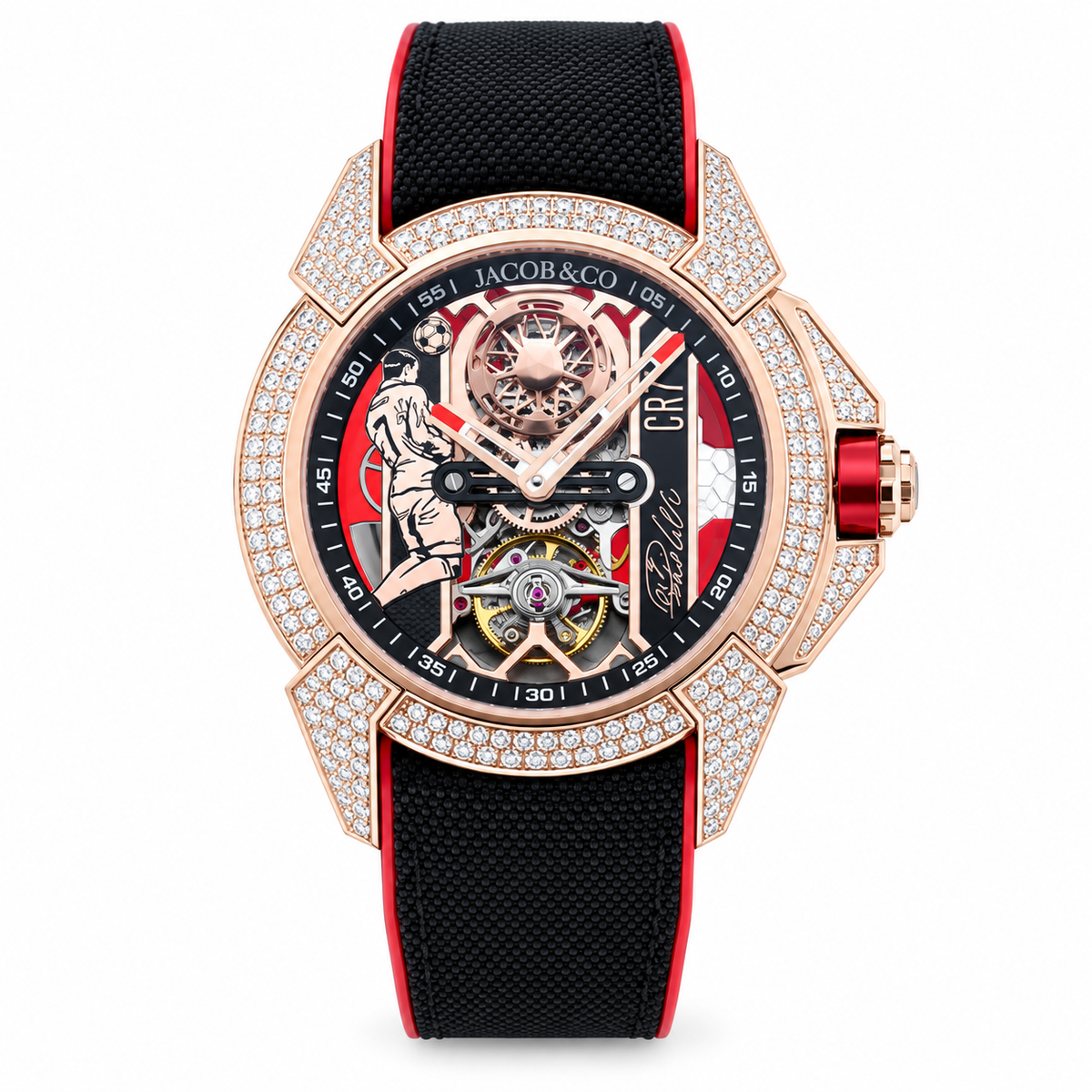 Jacob & Co. x CR7 Ronaldo Epic X Rose Gold Diamond Double Tourbillon Red Black Watch
