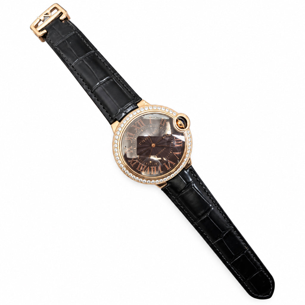 Cartier Ballon Bleu 42mm Automatic — 18K Rose Gold, Diamond Bezel, Grey Dial & Black Alligator Strap