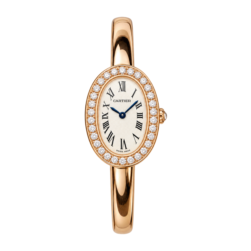 Cartier Baignoire — 18K Rose Gold, Diamond Bezel & Rose Gold Bangle