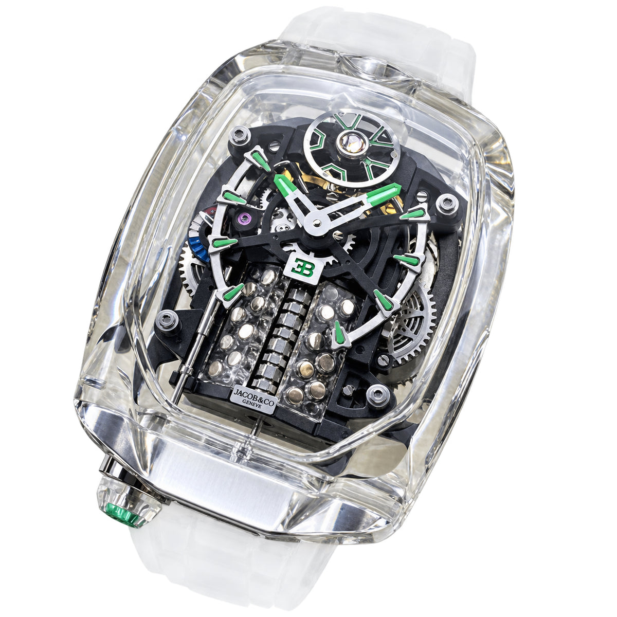 Jacob & Co. x Bugatti Chiron Clear Sapphire Tourbillon Green Accents White Rubber Watch