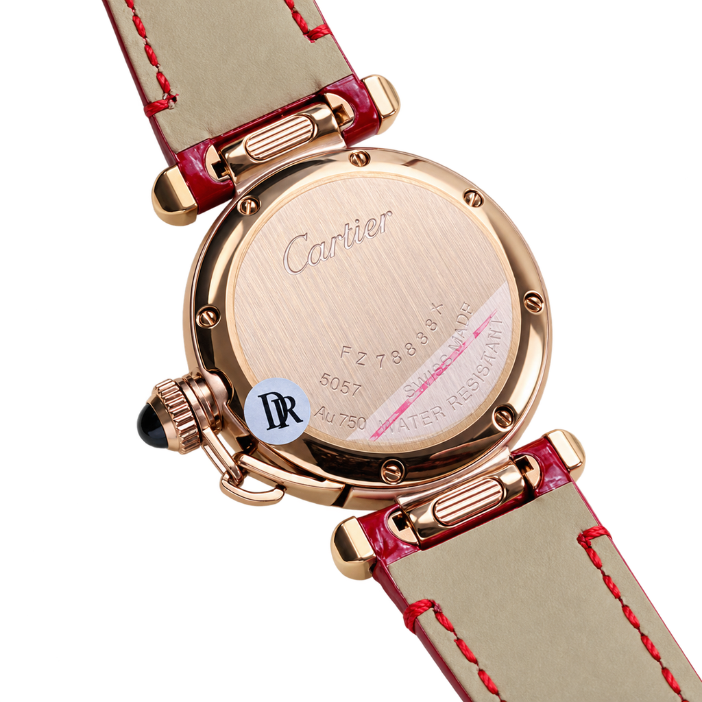 Cartier Pasha de Cartier 30mm — 18K Rose Gold, Diamond Bezel, White Dial & Red Alligator Strap, Quartz, Women