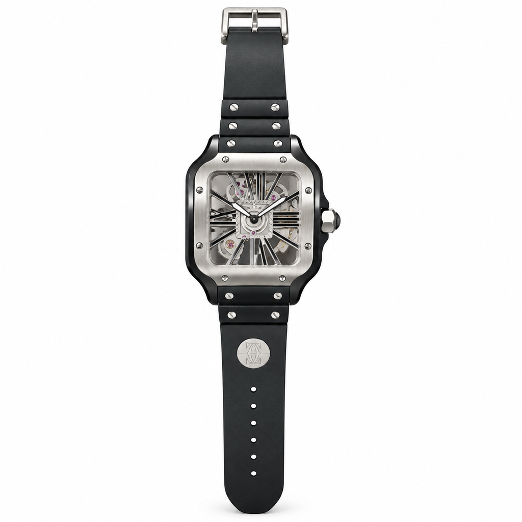 Cartier Santos de Cartier Skeleton Black ADLC Bezel Stainless Steel Black Rubber Strap Watch