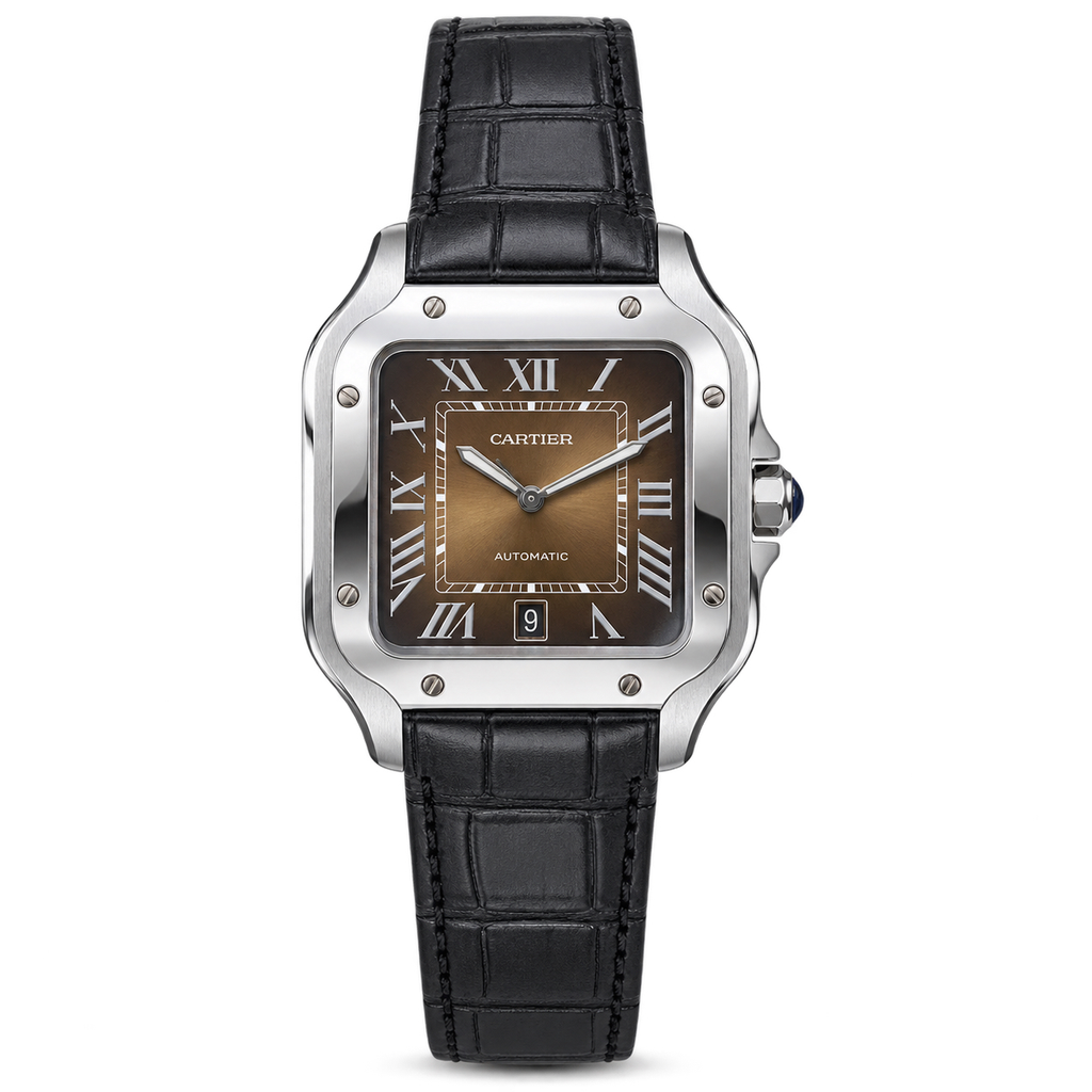Cartier Santos Large — Steel, Brown Gradient Dial, Roman Numerals, Date & Black Alligator Strap, Automatic