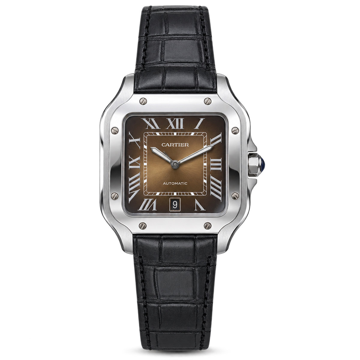Cartier Santos Large — Steel, Brown Gradient Dial, Roman Numerals, Date & Black Alligator Strap, Automatic