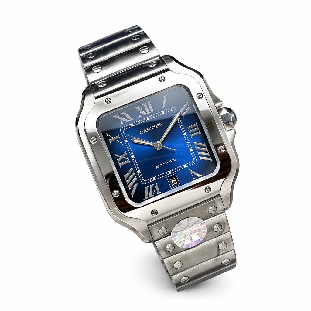 Cartier Santos de Cartier Automatic — Steel, Blue Sunburst Dial & Steel Bracelet, Large