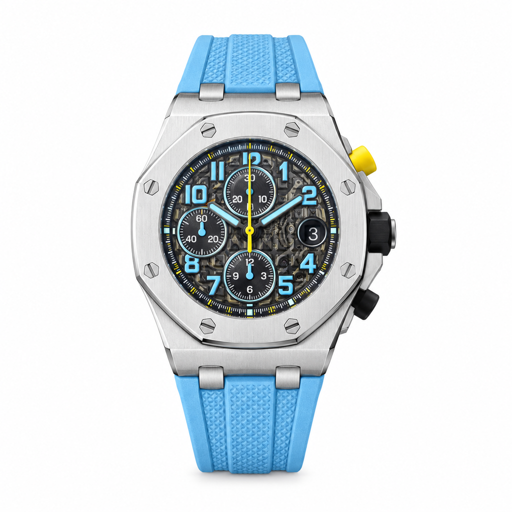 Audemars Piguet Royal Oak Offshore Chronograph Skeleton Blue Rubber Strap Yellow Pusher