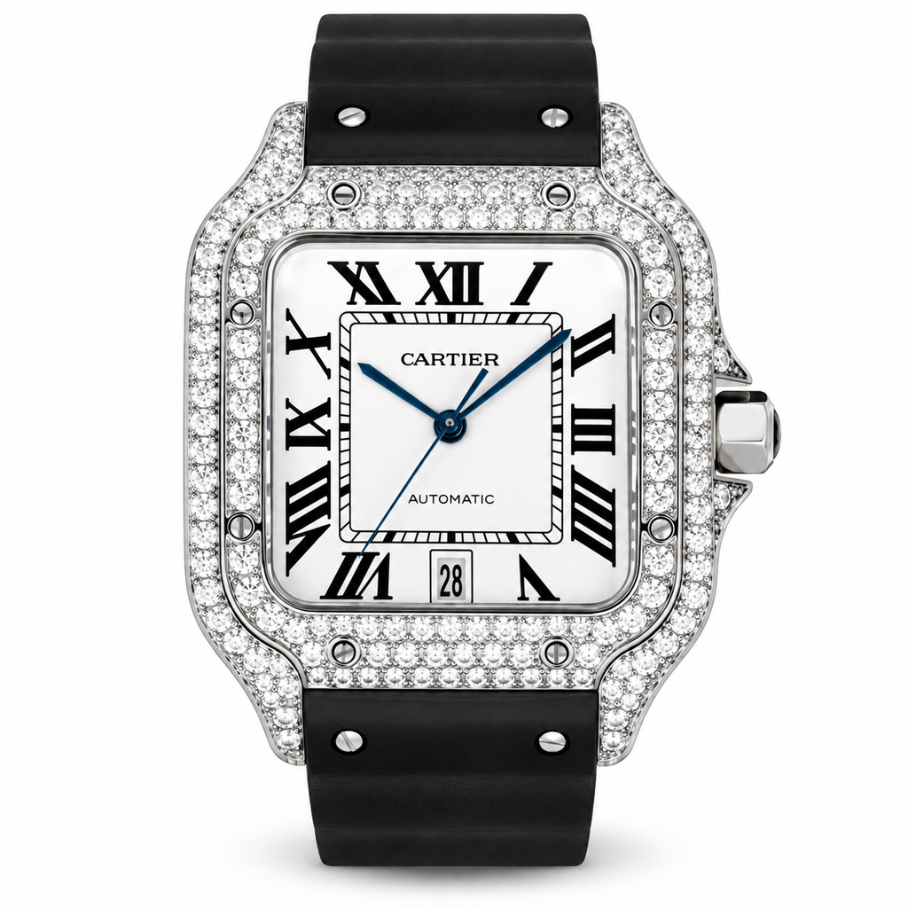 Cartier Santos de Cartier Large — Steel, Diamond Bezel, Black Dial, Roman Numerals, Date & Black Rubber Strap, Automatic