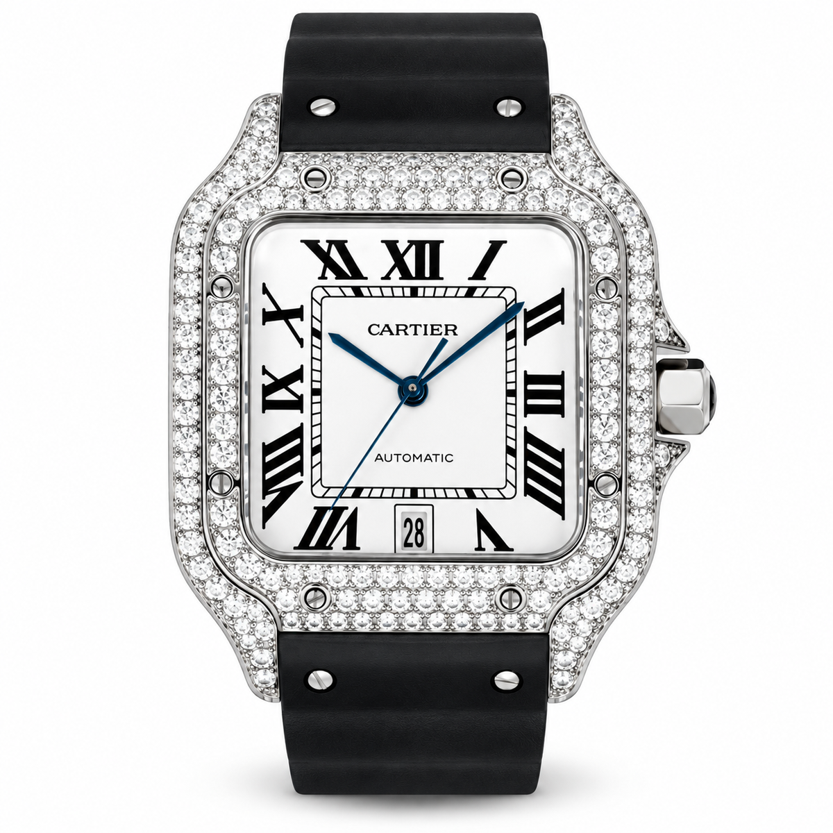 Cartier Santos de Cartier Large — Steel, Diamond Bezel, Black Dial, Roman Numerals, Date & Black Rubber Strap, Automatic