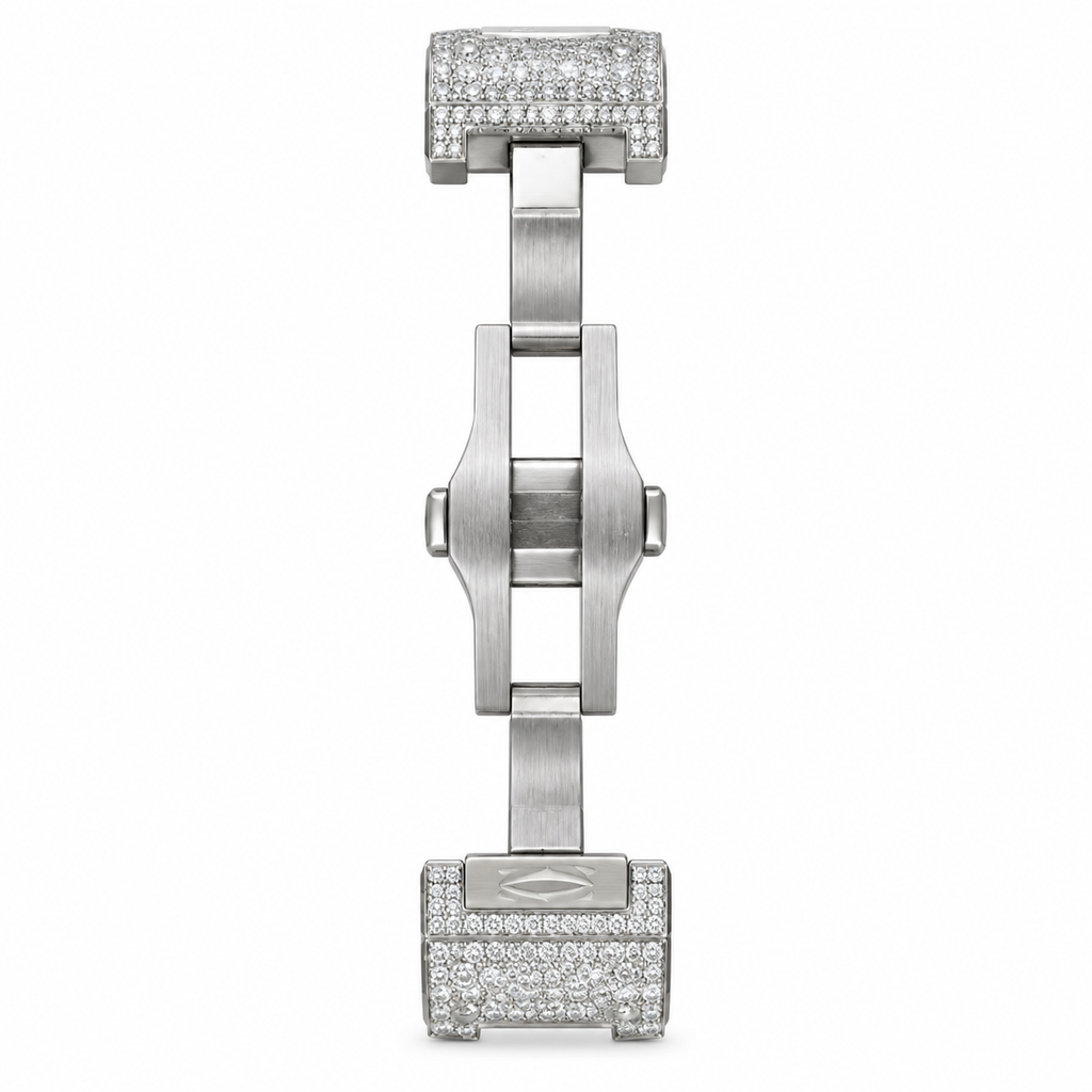 Cartier Santos de Cartier Large — Steel, Full Iced-Out Diamonds, Arabic Numeral Pavé Dial, Date & Diamond Bracelet, Automatic