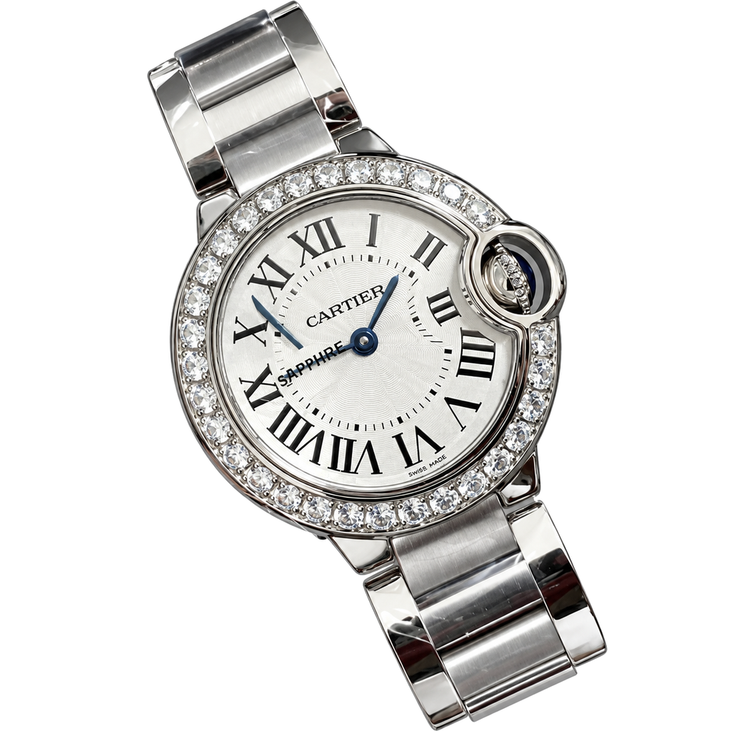 Cartier Ballon Bleu 28mm — Steel, Diamond Bezel, Silver Dial, Roman Numerals & Steel Bracelet, Women