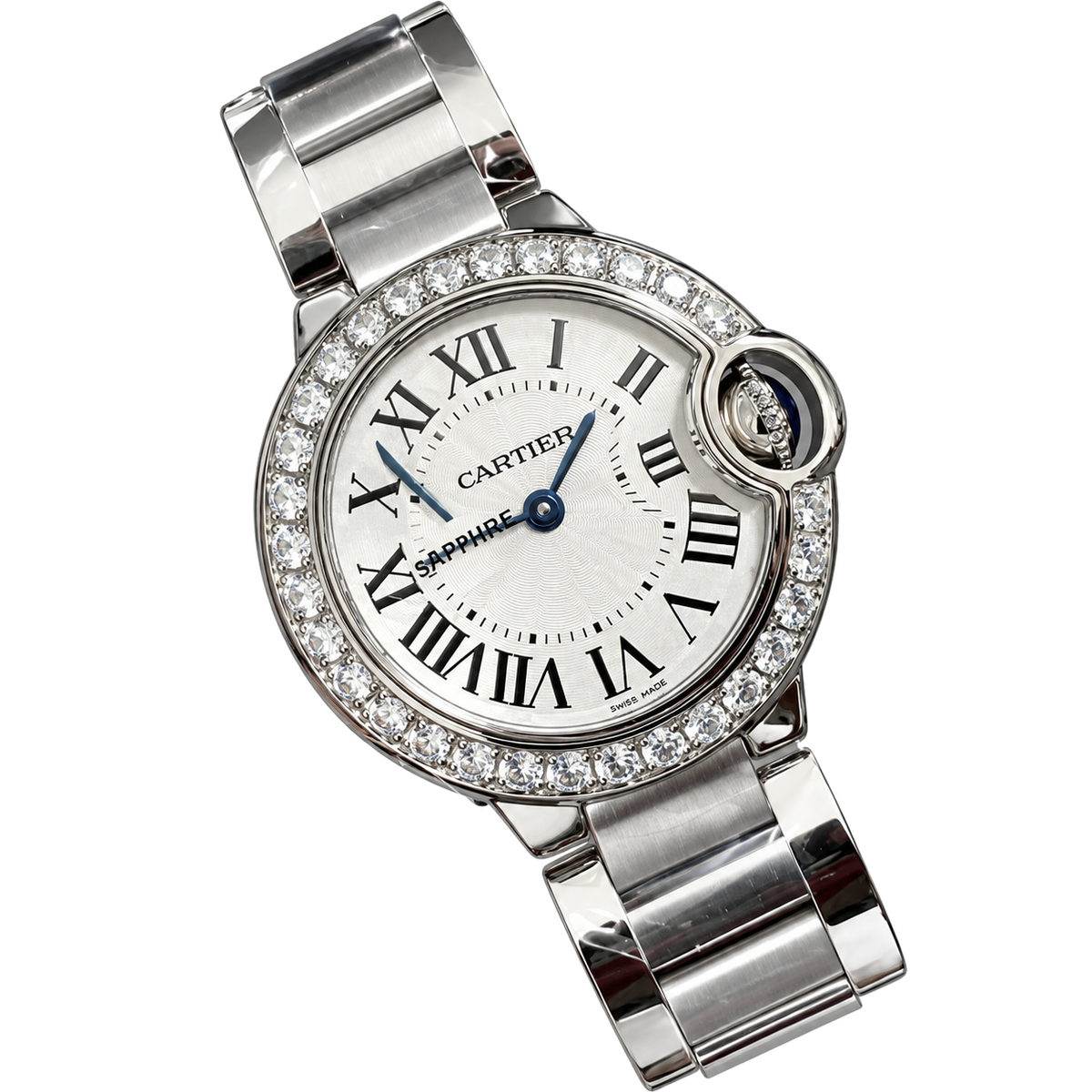 Cartier Ballon Bleu 28mm — Steel, Diamond Bezel, Silver Dial, Roman Numerals & Steel Bracelet, Women