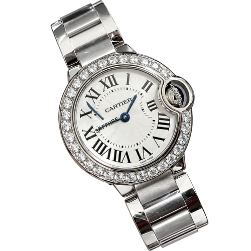 Cartier Ballon Bleu 28mm — Steel, Diamond Bezel, Silver Dial, Roman Numerals & Steel Bracelet, Women
