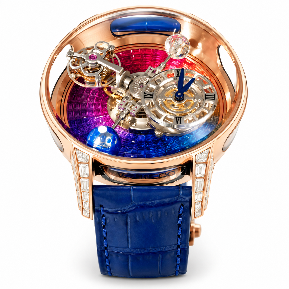 Jacob & Co. Astronomia Rainbow Rose Gold Sapphire Tourbillon Blue Leather Watch