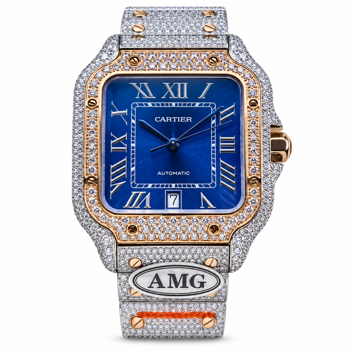 Cartier Santos Automatic — Iced Out Blue Dial, Rose Gold & Steel