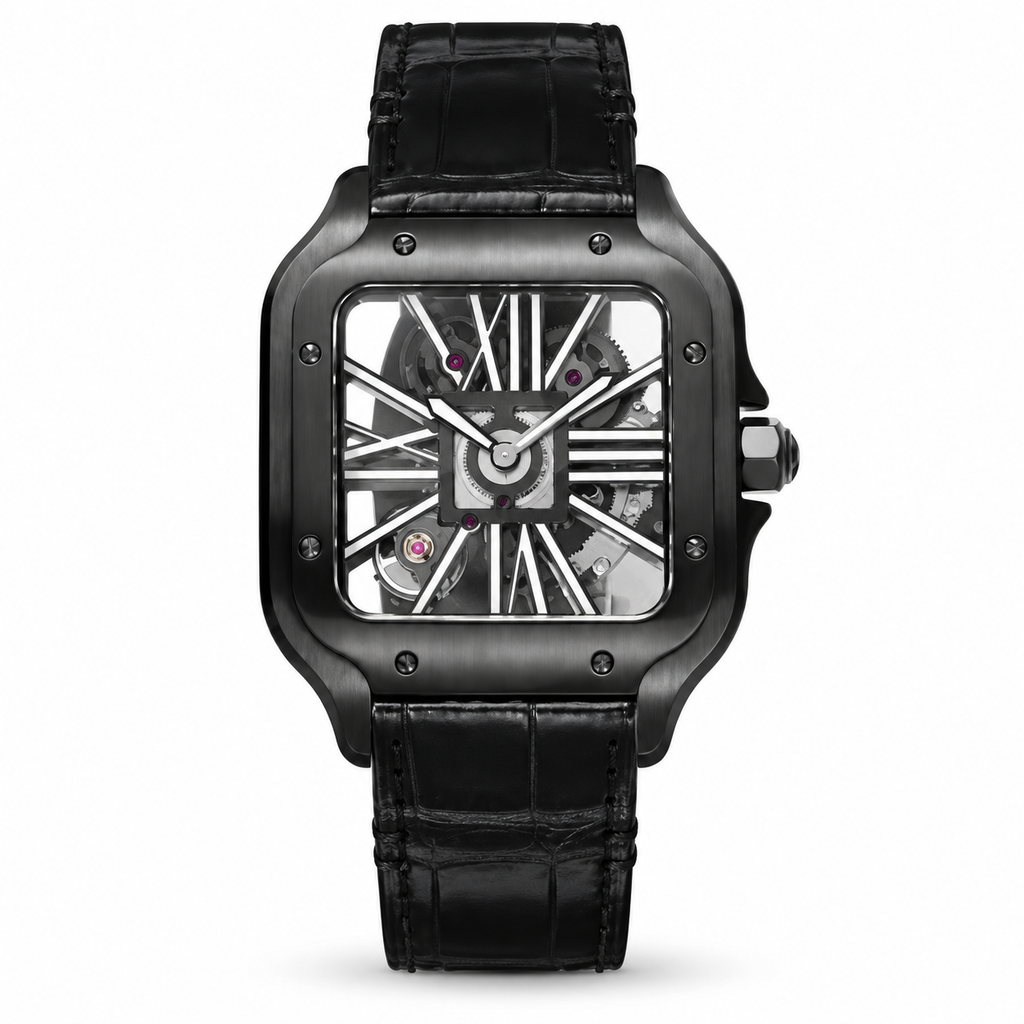 Cartier Santos de Cartier Skeleton Automatic — Full Black ADLC, Skeleton Dial & Black Alligator Strap, Large