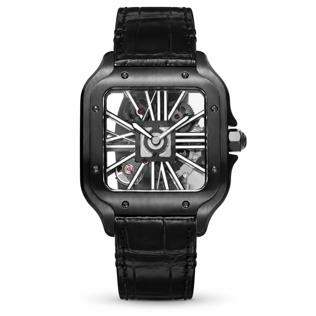 Cartier Santos de Cartier Skeleton Automatic — Full Black ADLC, Skeleton Dial & Black Alligator Strap, Large