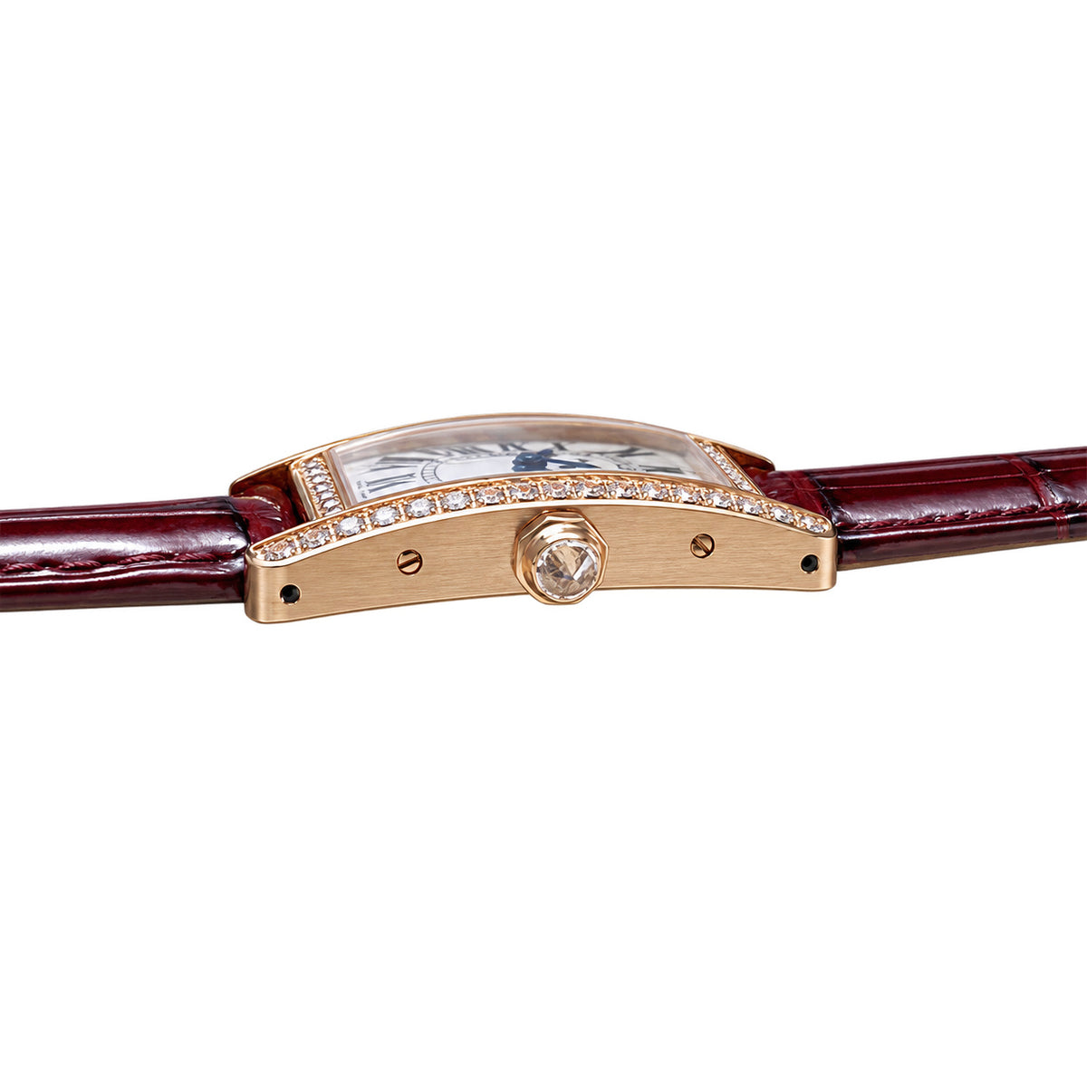 Cartier Tank Américaine Rose Gold Diamond Bezel Ladies Watch with Burgundy Leather Strap