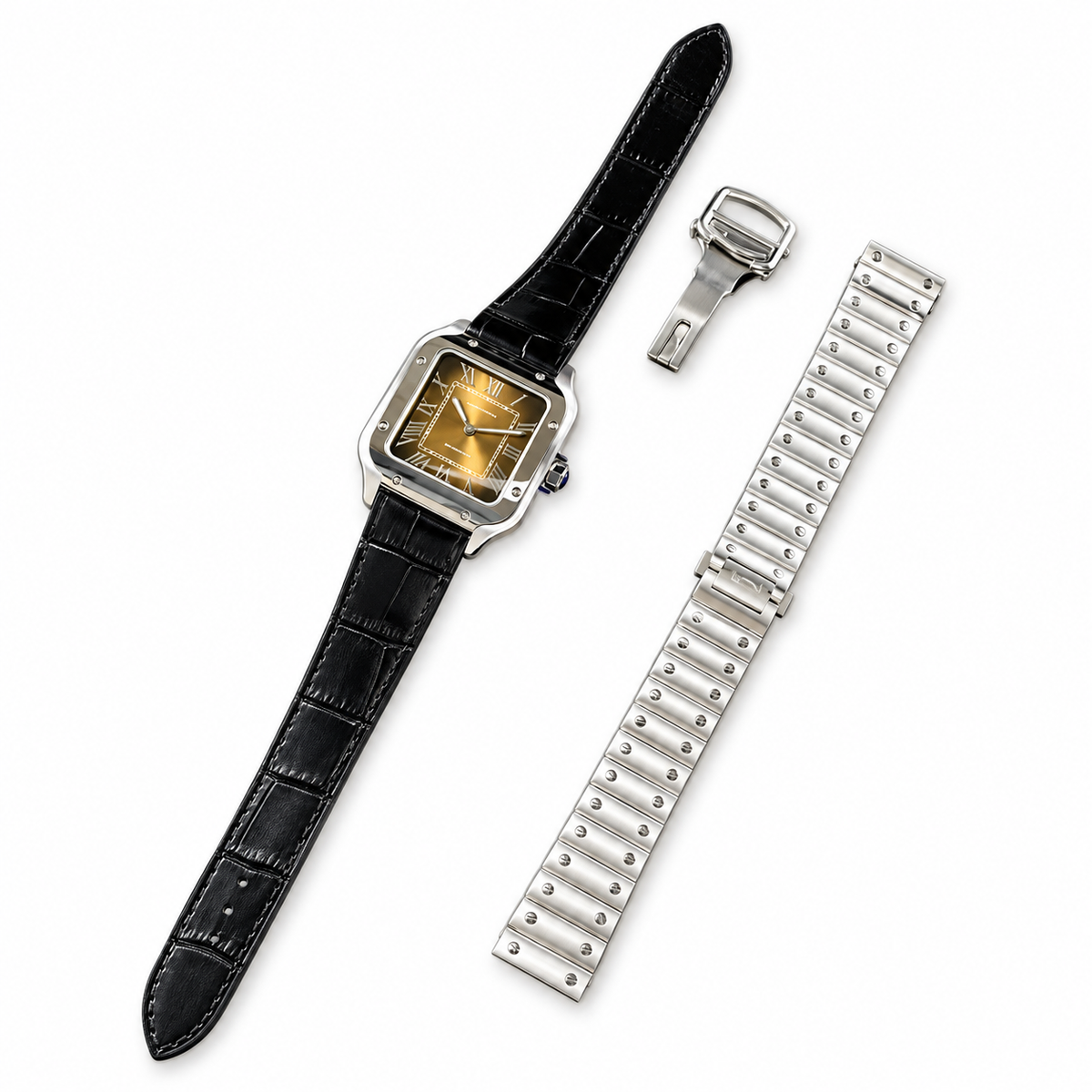 Cartier Santos-Dumont — Steel, Brown Gradient Dial, Roman Numerals & Black Alligator Strap, Quartz