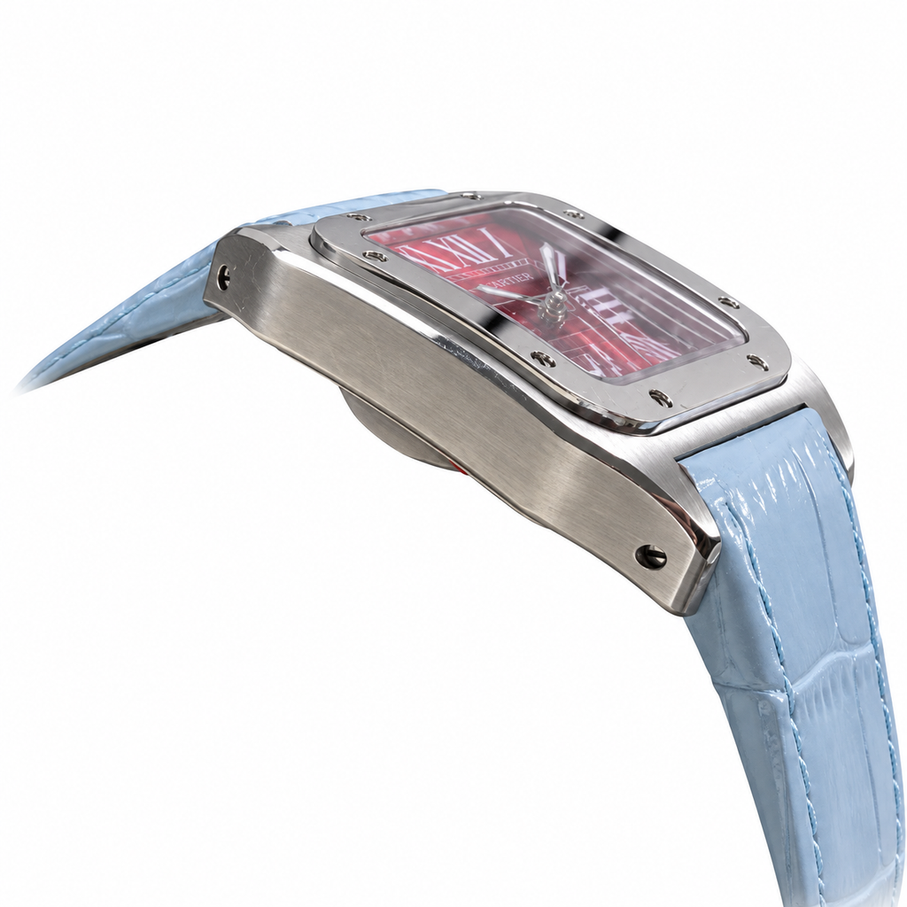 Cartier Santos 100 Automatic — Red Sunburst Dial & Blue Leather Strap