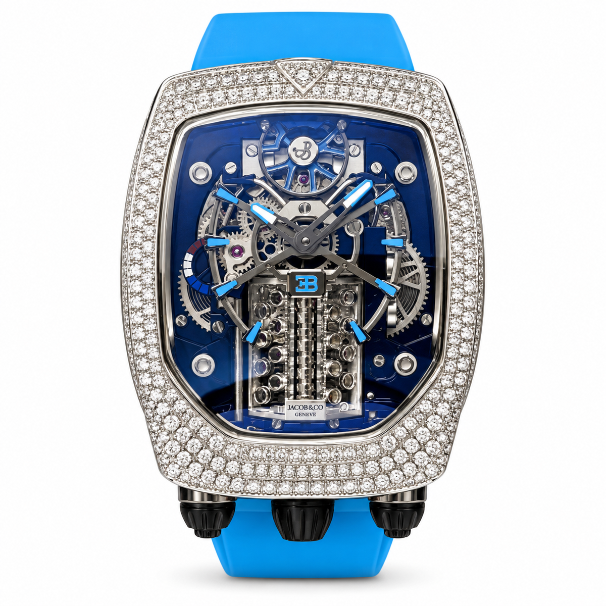 Jacob & Co. x Bugatti Twin Turbo Furious White Gold Diamond Tourbillon Blue Rubber Watch
