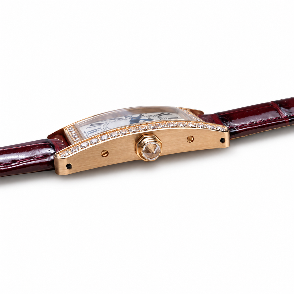 Cartier Tank Américaine — 18K Rose Gold, Full Diamond Bezel & Burgundy Alligator Strap