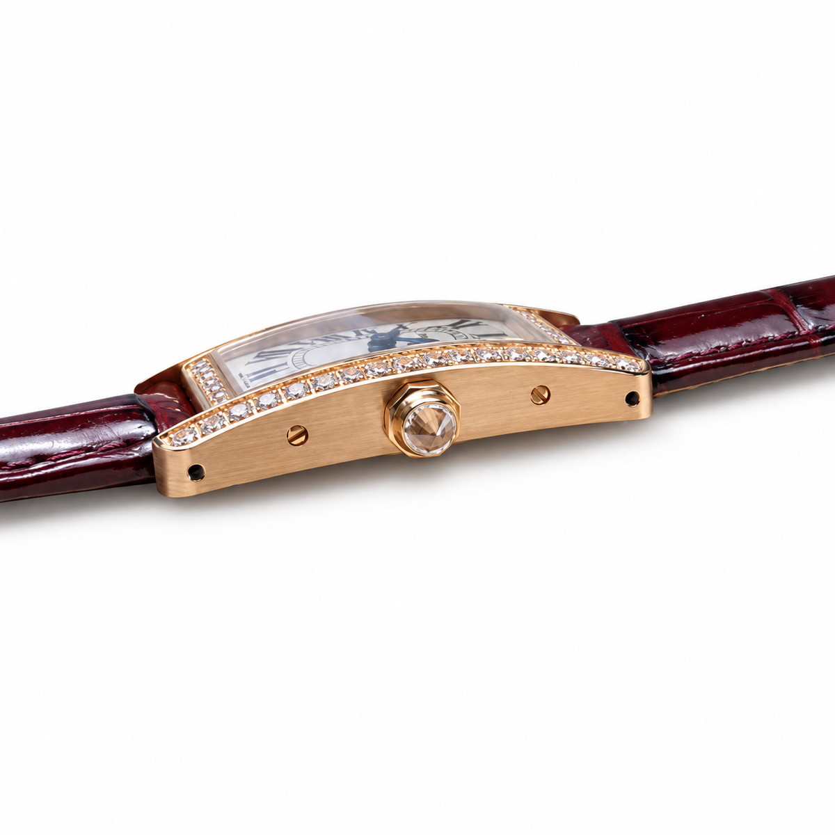 Cartier Tank Américaine — 18K Rose Gold, Full Diamond Bezel & Burgundy Alligator Strap