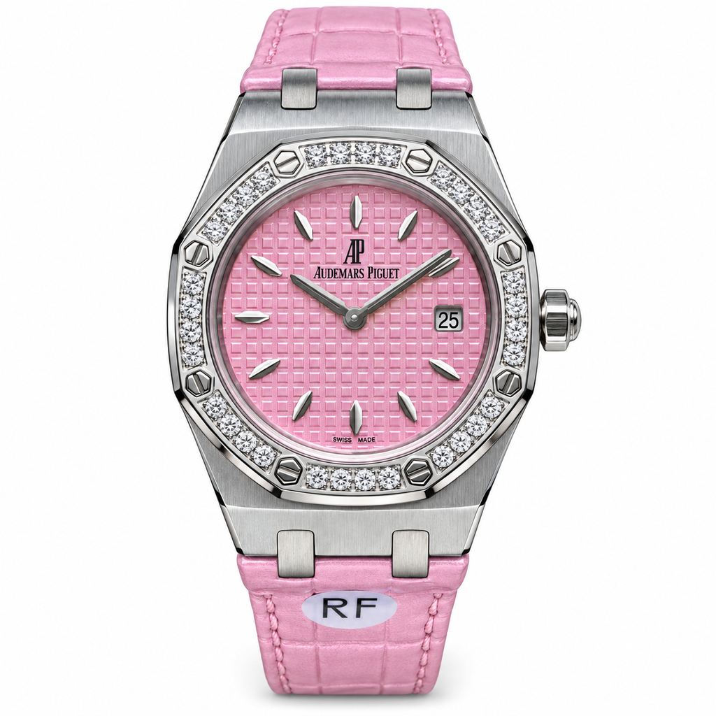 Audemars Piguet Royal Oak Ladies Diamond Bezel Pink Dial Leather Strap Roger Federer Edition