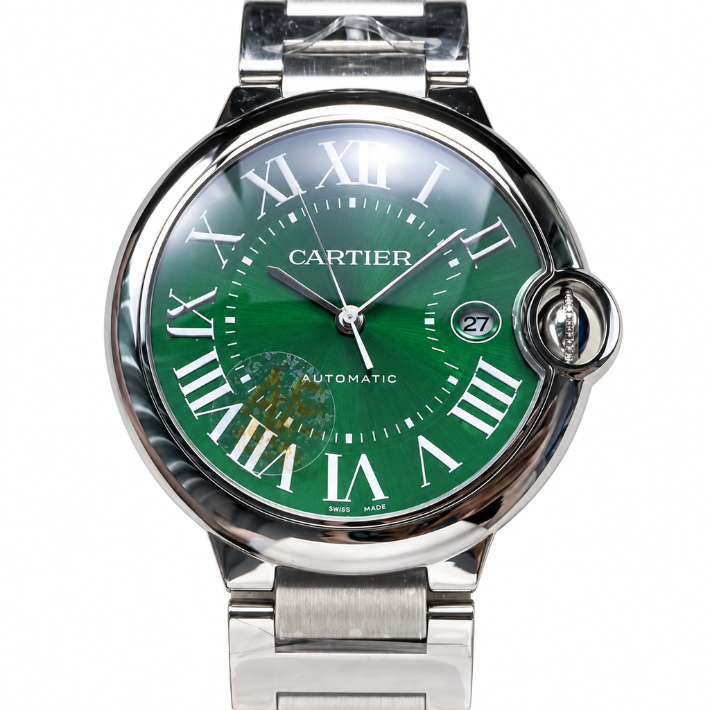 Cartier Ballon Bleu 42mm — Steel, Green Dial, Roman Numerals, Date & Steel Bracelet, Automatic