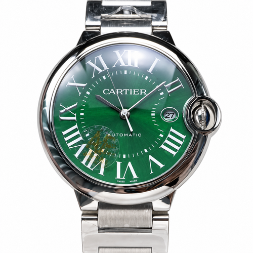 Cartier Ballon Bleu 42mm — Steel, Green Dial, Roman Numerals, Date & Steel Bracelet, Automatic