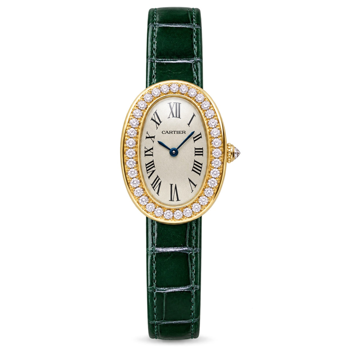 Cartier Baignoire Yellow Gold Diamond Bezel Ivory Dial Green Strap Watch – KDY