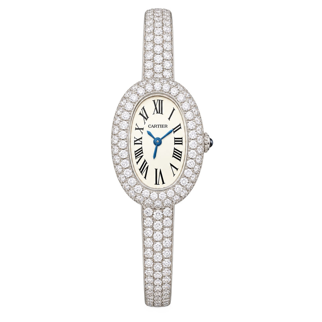 Cartier Baignoire — 18K White Gold, Full Diamond Bezel & Diamond Bangle, White Dial, Women