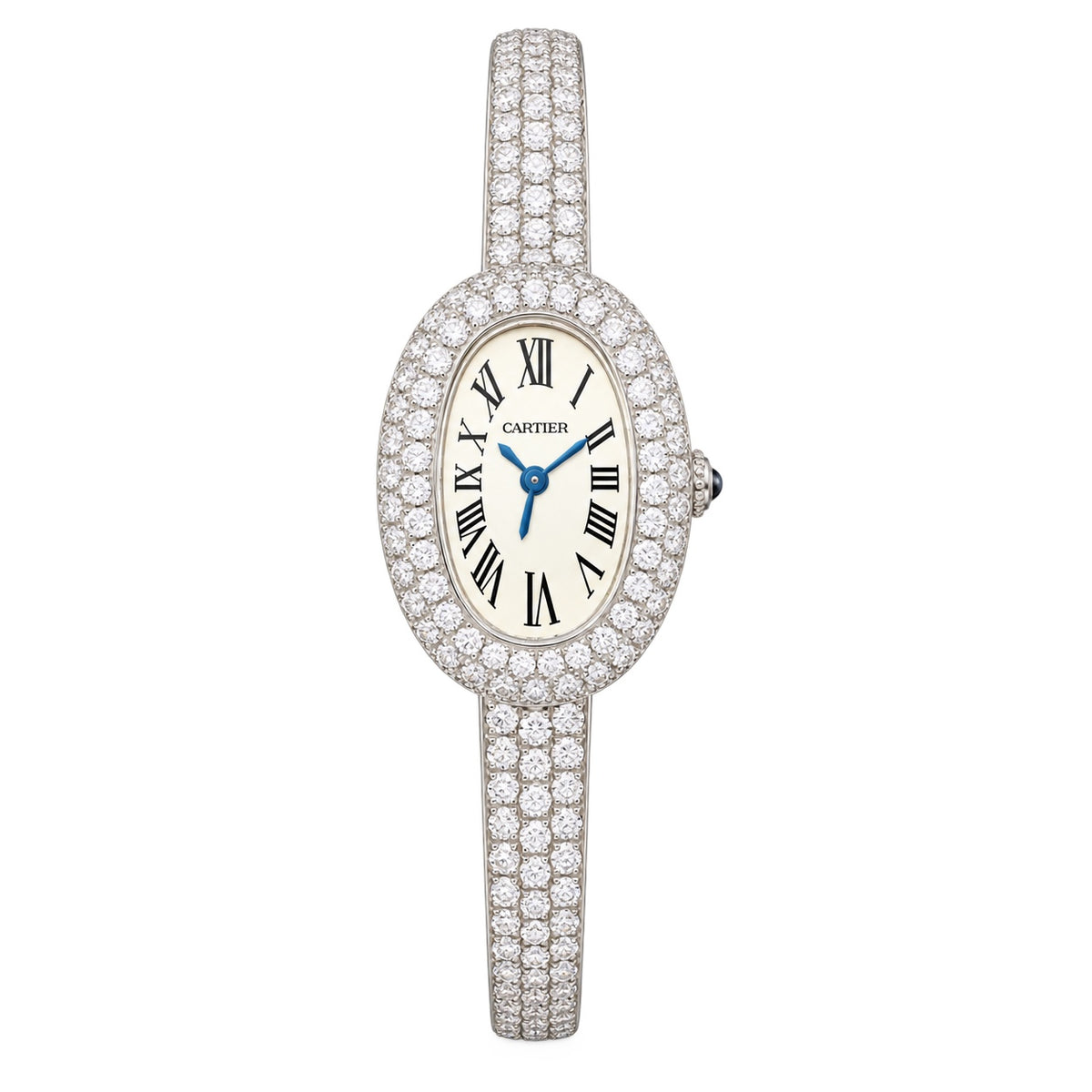 Cartier Baignoire — 18K White Gold, Full Diamond Bezel & Diamond Bangle, White Dial, Women
