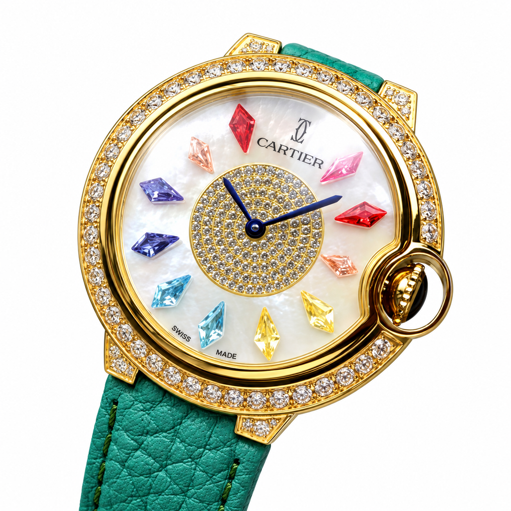 Cartier Ballon Bleu — 18K Yellow Gold, Diamond Bezel, Multicolour Gemstone Dial & Green Leather Strap
