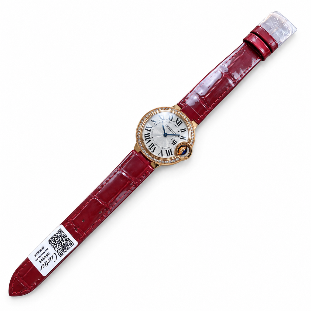 Cartier Ballon Bleu Rose Gold Diamond Bezel Red Leather Watch