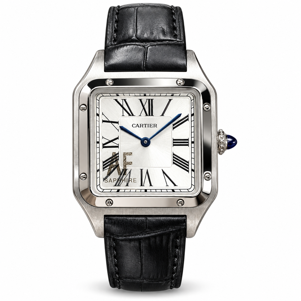 Cartier Santos-Dumont Large — Steel, Silver Dial, Roman Numerals & Black Alligator Strap, Quartz