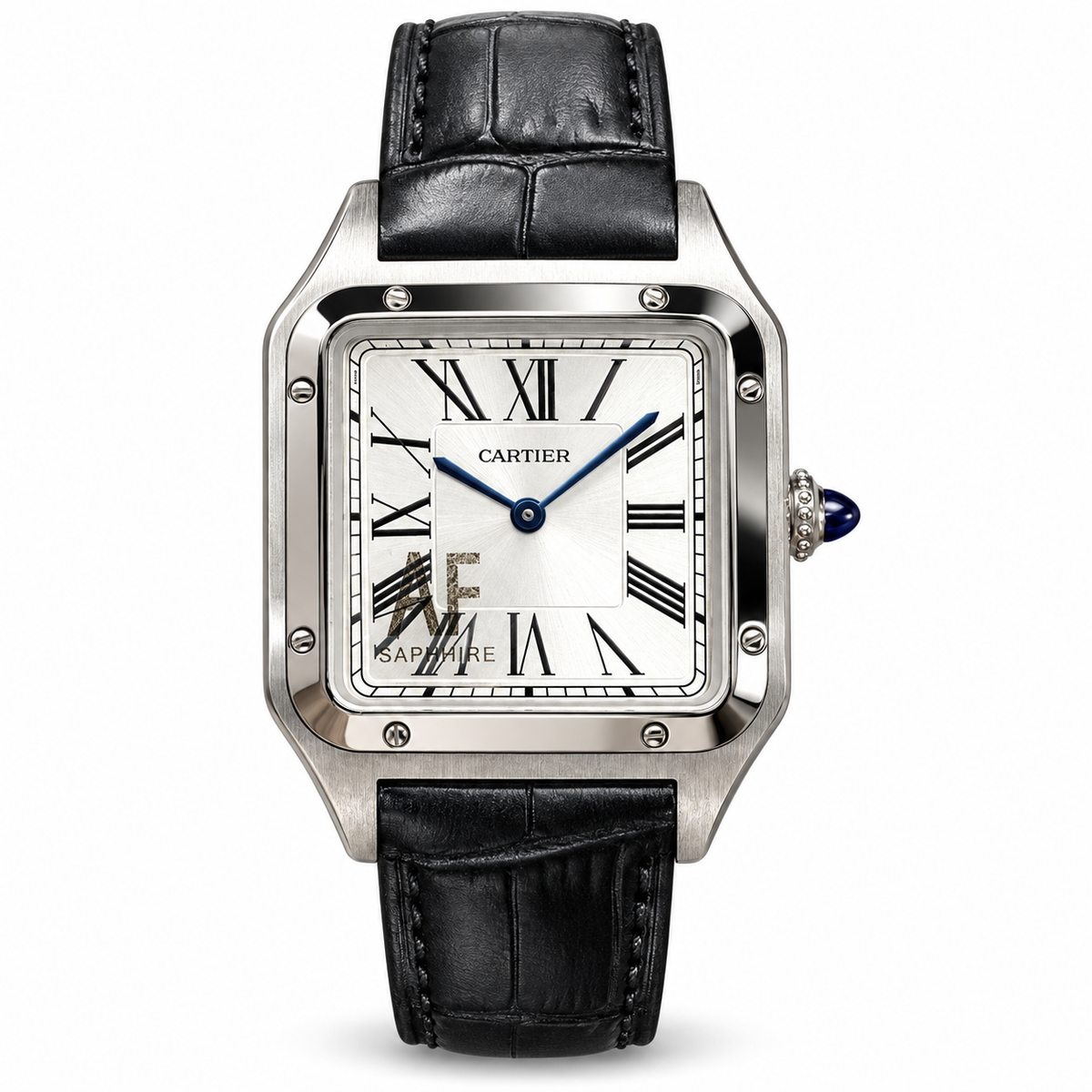 Cartier Santos-Dumont Large — Steel, Silver Dial, Roman Numerals & Black Alligator Strap, Quartz