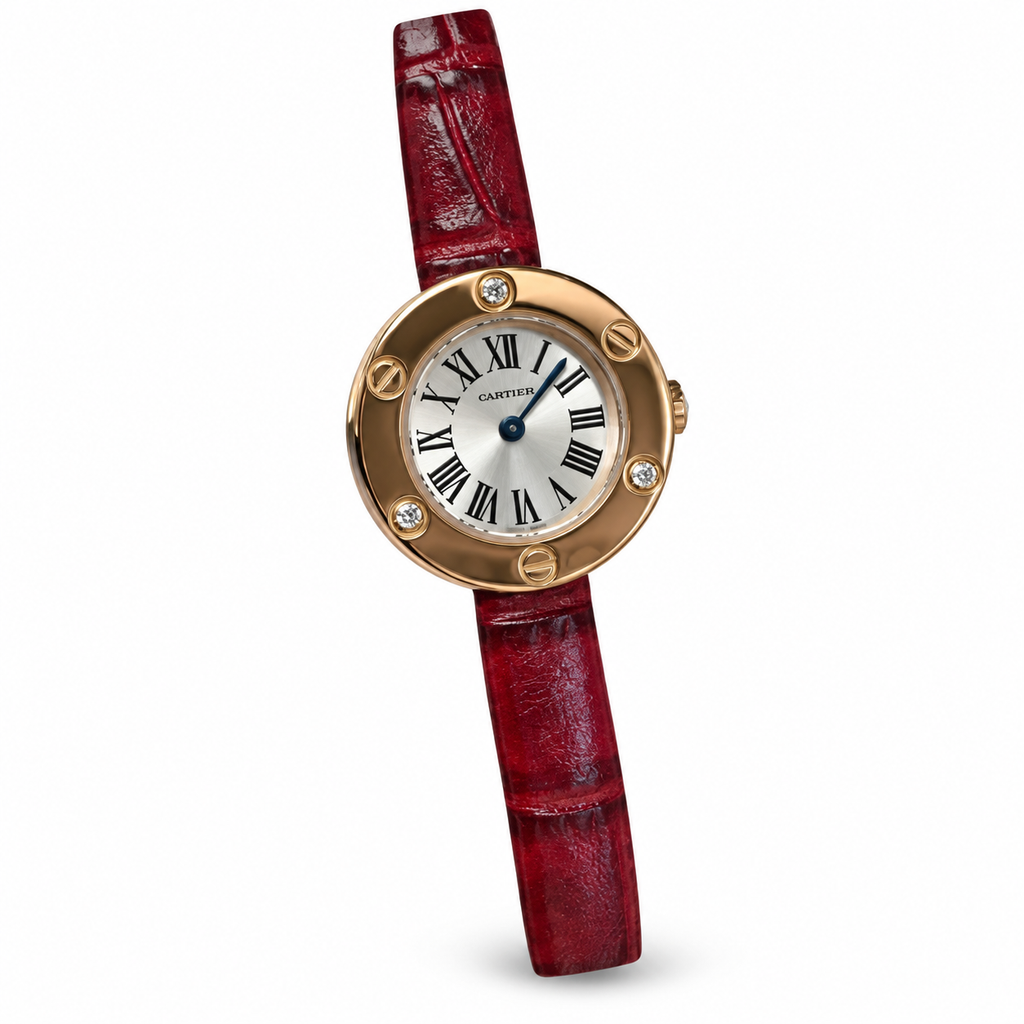 Cartier Love Watch Small — 18K Yellow Gold, 4 Diamonds, Silver Dial & Red Lacquer Strap, Women