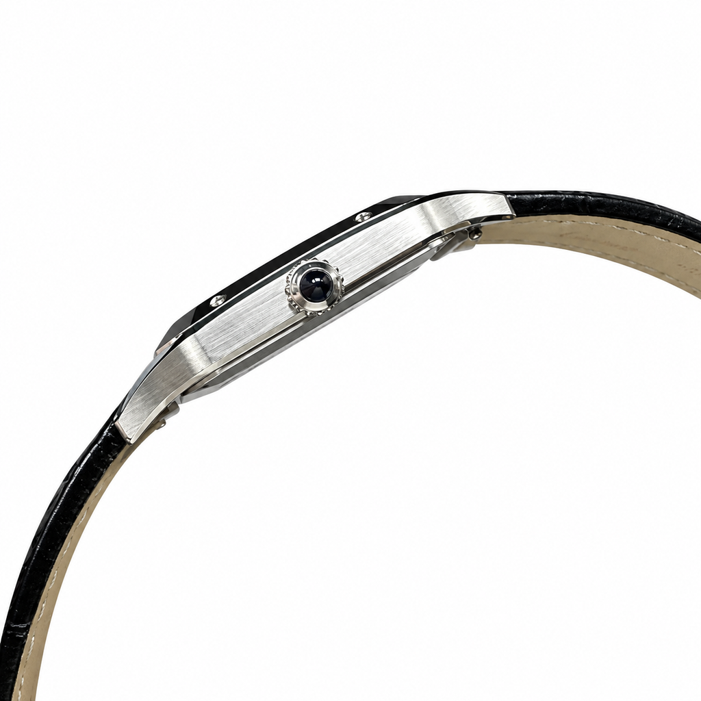 Cartier Santos-Dumont Large Steel Silver Dial Manual Black Strap Watch – KDY