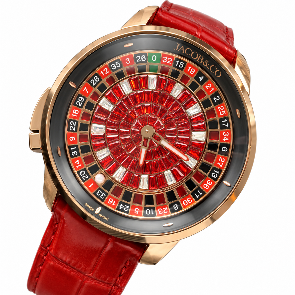 Jacob & Co. Casino Rose Gold Red Ruby Roulette Red Leather Watch