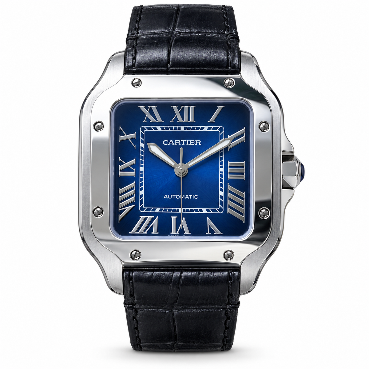 Cartier Santos Large — Steel, Blue Dial, Roman Numerals & Black Alligator Strap, Automatic